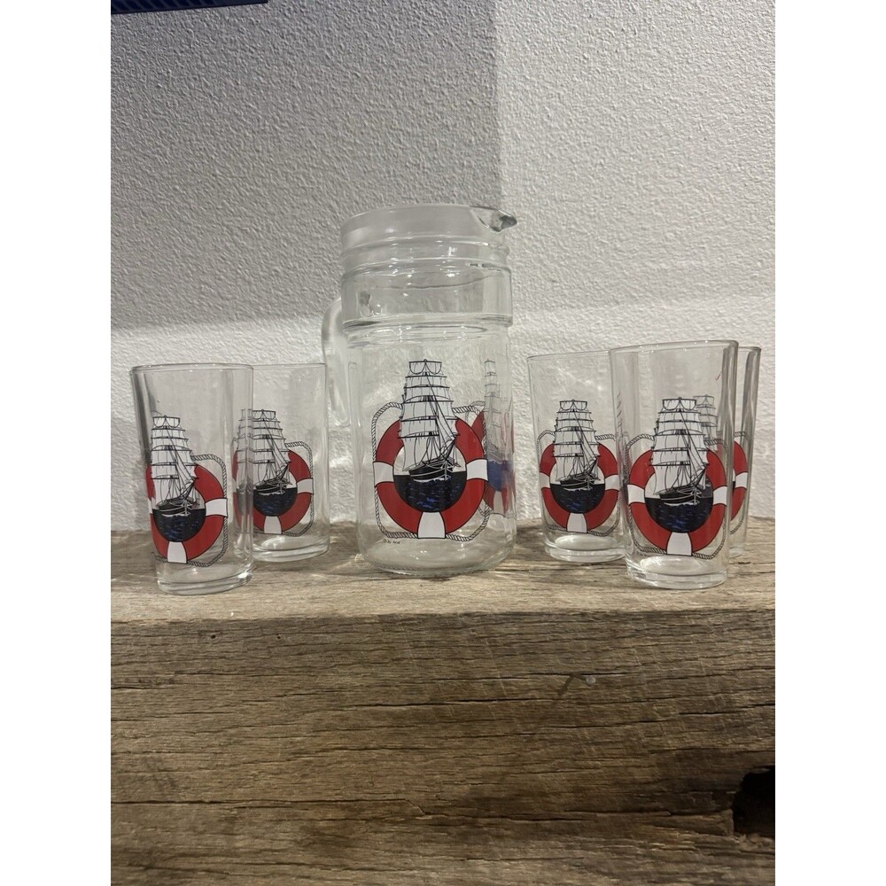 Vintage MCM Avira Italian Glass Pitcher Set Nautical Sailboat Motif Barware 1970